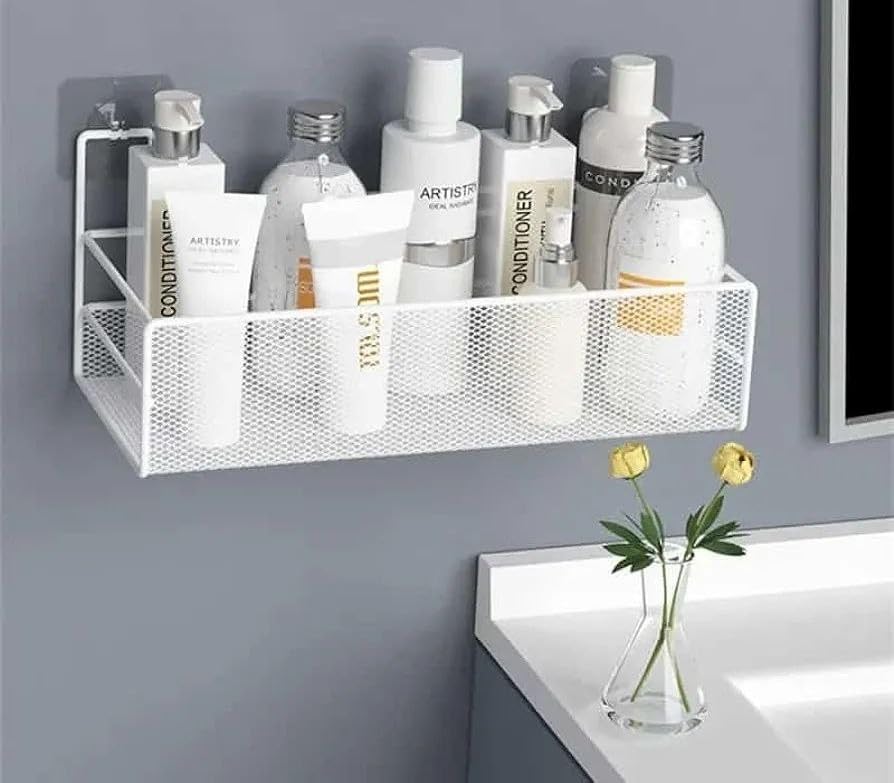 Generic Modern Metal Wire Bathroom Organizer, White Mesh Storage Shelf, Wall-Mounted Shower Caddy for Shampoo and Conditioner, Kitchen Counter Display Stand (black) .Ar