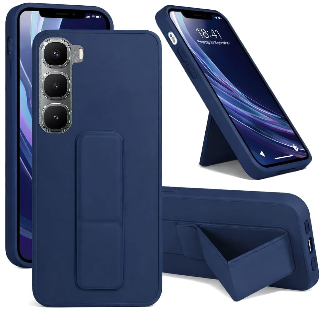 Back Cover Stand Case FOR INFINIX HOT 60 PRO PLUS Magnetic Car Holder Soft Silicone Horizontal & Vertical Kickstand Cover Wrist Strap Full protection Anti Fingerprint Case (Blue)