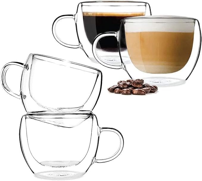 Double Wall Glass Coffee Cup, Clear, Espresso Mug with Handle, Insulated Borosilicate Glass (12, 125ml)