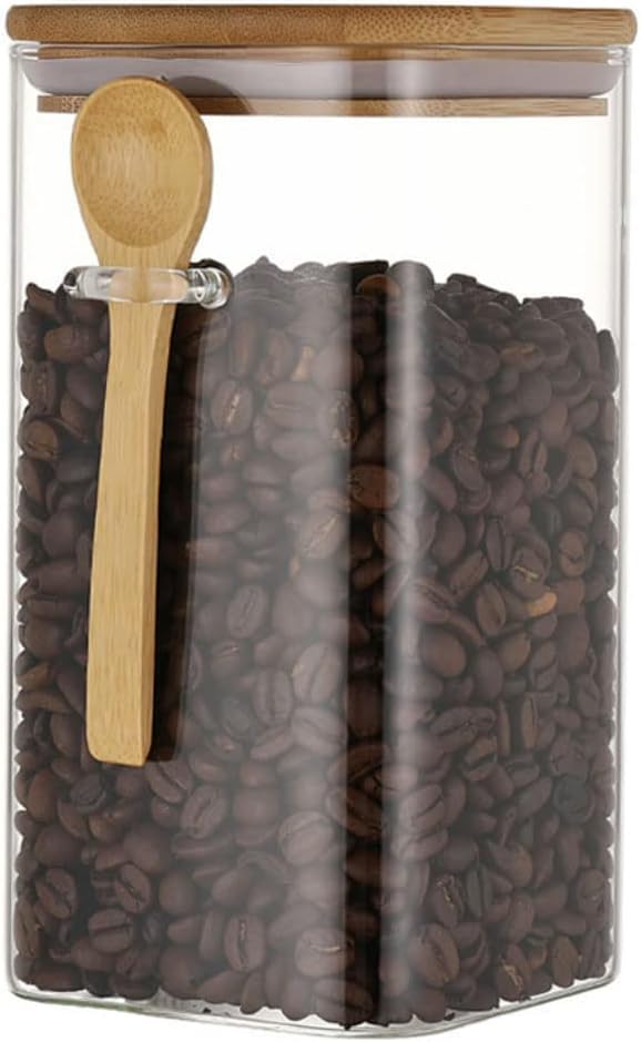 240ml Square Glass Spice and Legume Storage Jar with Airtight Bamboo Lid and Wooden Spoon to Keep Flavors and Organize Kitchen Neatly