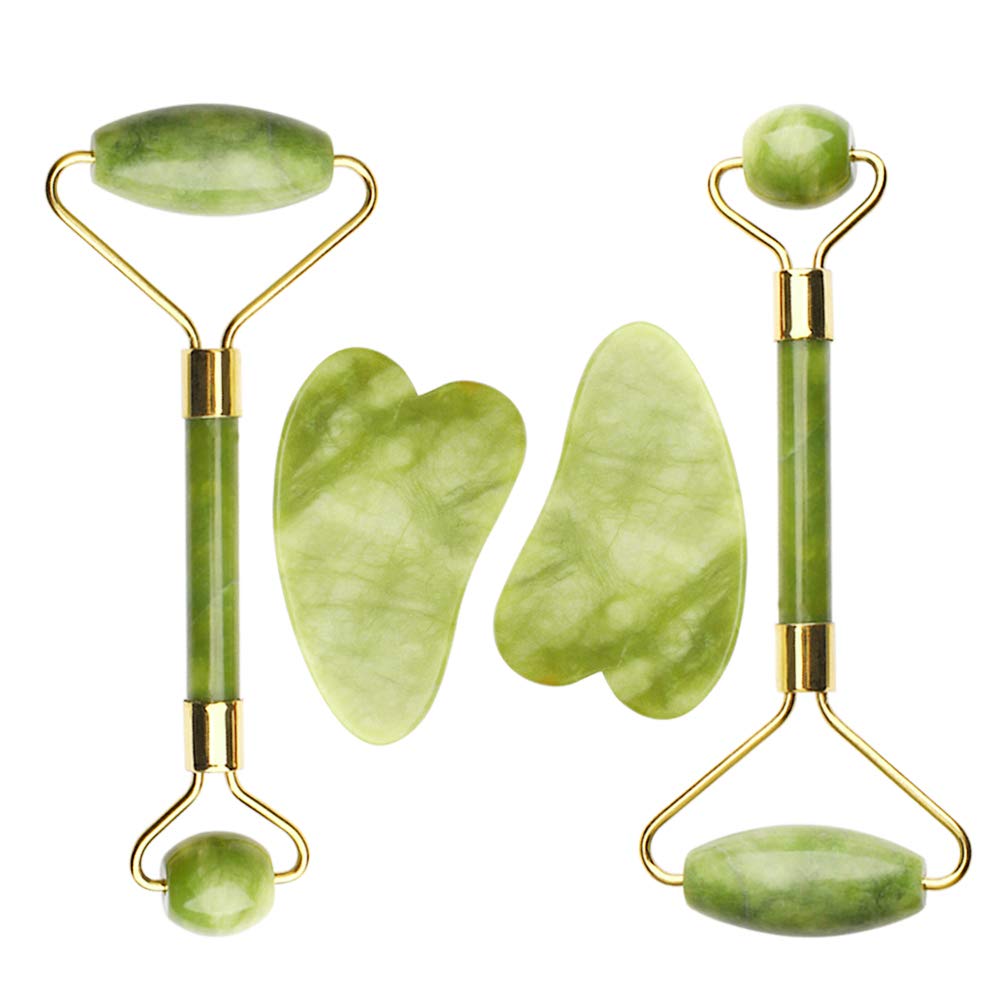 nuoshen 4 Pcs Jade Roller for Face and Gua Sha Set, Anti-Aging Face Roller with Gua Sha Stone Scrapping Tool Facial Ridged Roller Kits (Green)