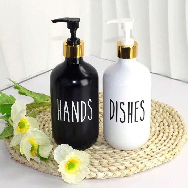 Ushop Soap Dispenser Set Hand and Dish Soap Dispenser Set for Kitchen Sink, Black and White Kitchen Decor, Modern Farmhouse Decor (Black and White) 500ml