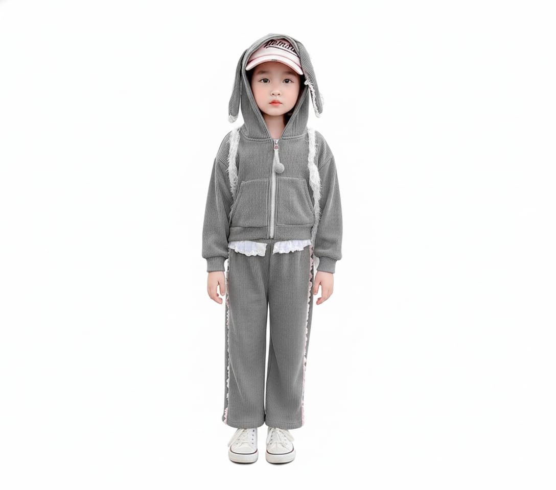 Miza Winter Suit for Girls, Ribbed Velvet Hoodie and Pants Set with Lace, Cute Rabbit Design, Sizes 4-8 Years