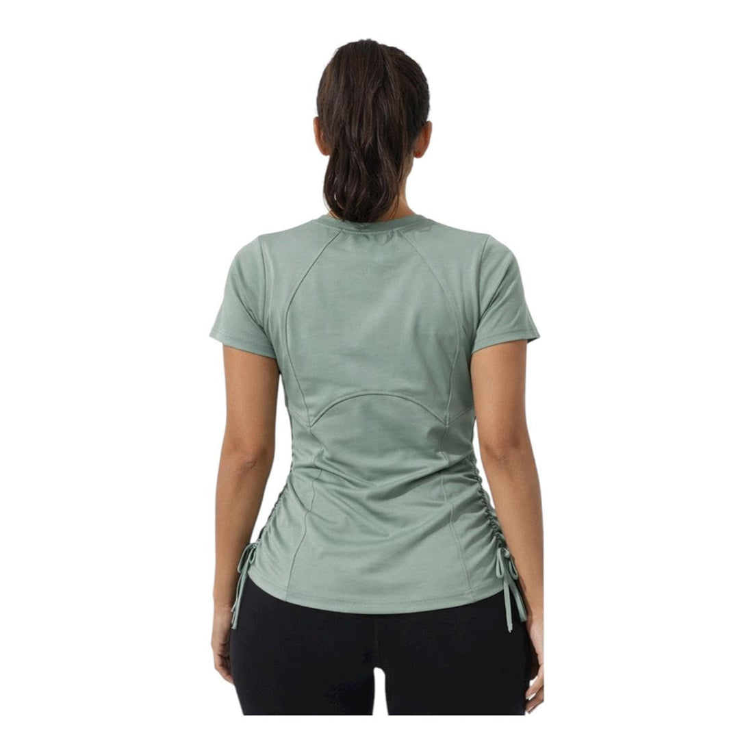 Women's Lycra Sport Short Sleeve T-Shirt Workout Top Stylish Design With Side Ties Green Navy
