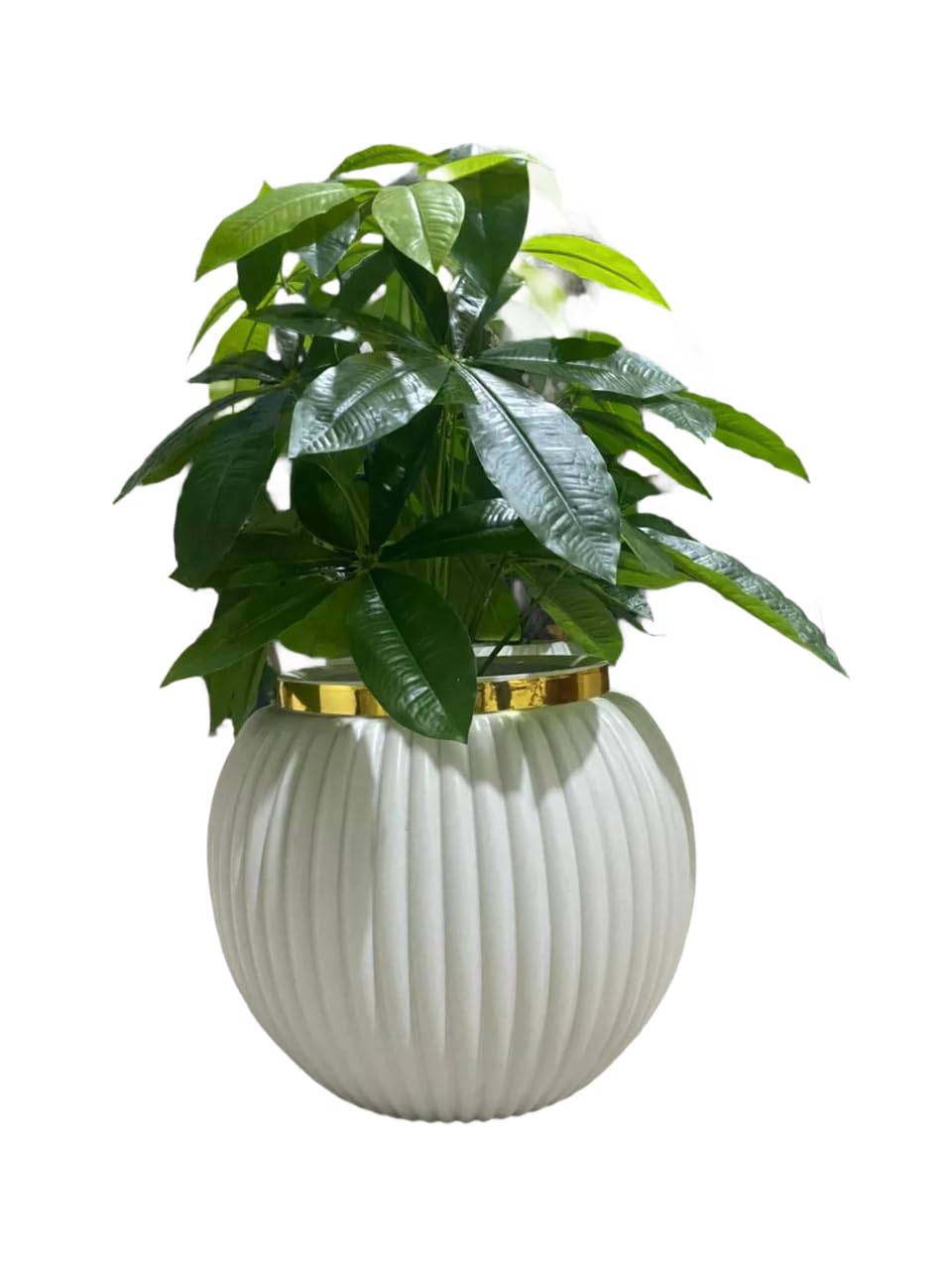 Artificial Plant with Green Leaves, White Reinforced Plastic Vase with Gold Stripe, Height 70cm, Suitable for Home Office Indoor Decor