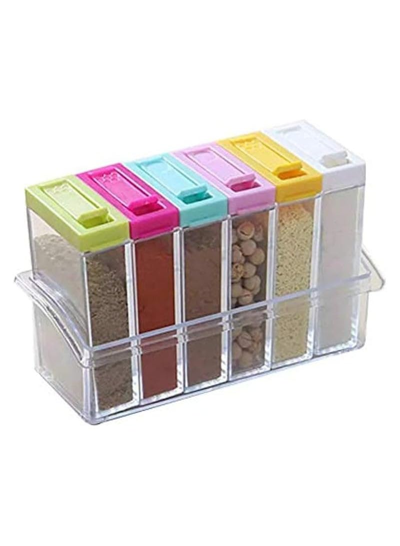 Plastic Condiment Salt Spice Jar Set Storage Box with lid (6 Pieces) - Multi Color