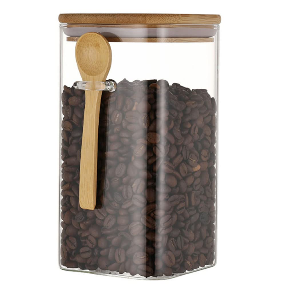 AGGICE Square Glass Storage Jar with Bamboo Spoon, Bamboo Airtight Lid Glass Jar Containers 40 Oz Glass Food Storage Jars for Coffee, Tea, Sugar, Dry Cargo and Seasoning etc