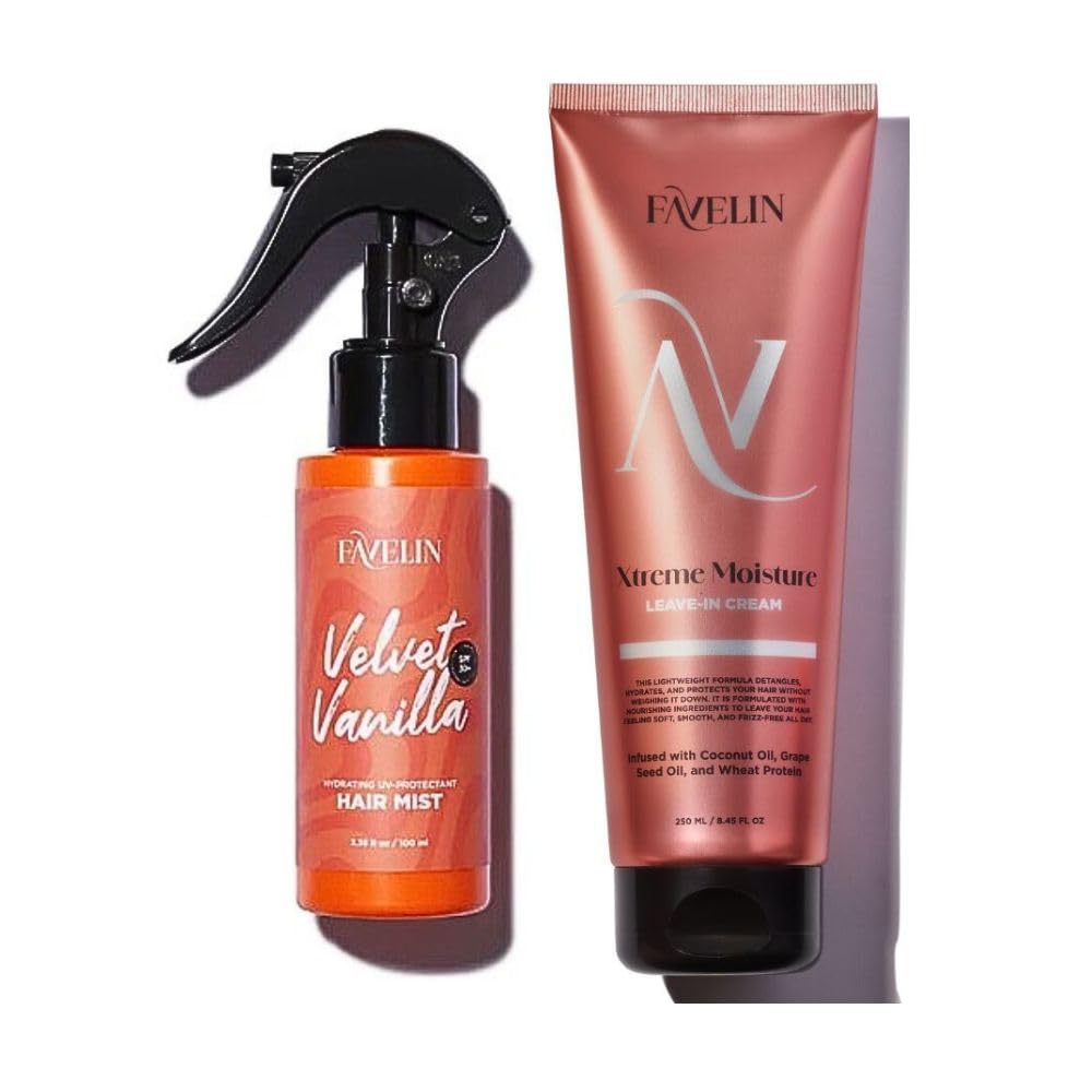 Favelin Velvet Vanilla Hair Mist (100 ML) & Xtreme Moisture Leave-in Cream (250 ML) - Hydrating UV-Protectant & Frizz Control | Strengthens