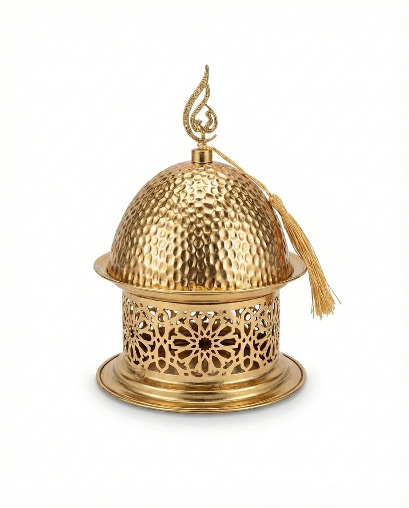 Next Store Gold Metal Hammered Incense Burner with Decorative Base, Premium Incense Holder with Arabic Manuscript Top and Drop Tassel, Islamic Home Decor for Majlis and Ramadan