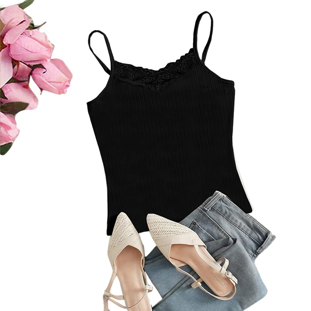 Ribbed knit top spaghetti strap with dantel lace - Rib knit - cotton - for women - Ribbed Tank Top - Cotton - Ribbed Knit Tank Top