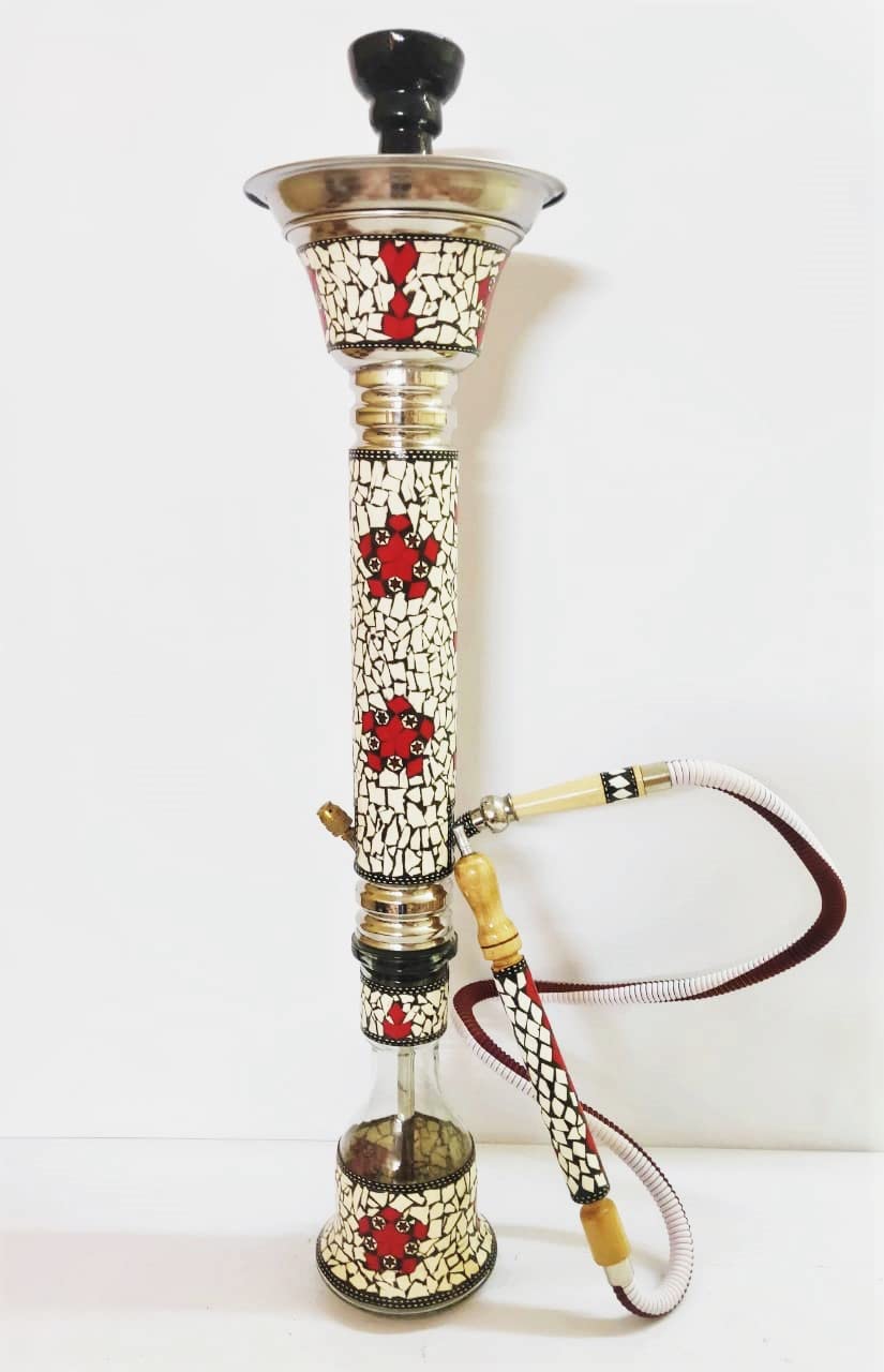 Mother of Pearl Dana Hookah with White & Red Leaves, Stainless Steel Chiller Stem, Matching Glass Vase and Hose, 80 cm Height (DANA / 003)