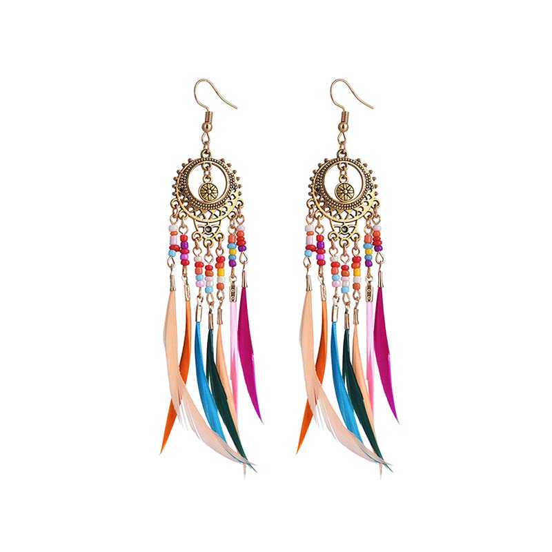 Showday Bohemian Feather Drop Earrings for Women, Handmade Dreamcatcher Dangle Earrings, Gold & Silver Color, Lightweight Statement Jewelry