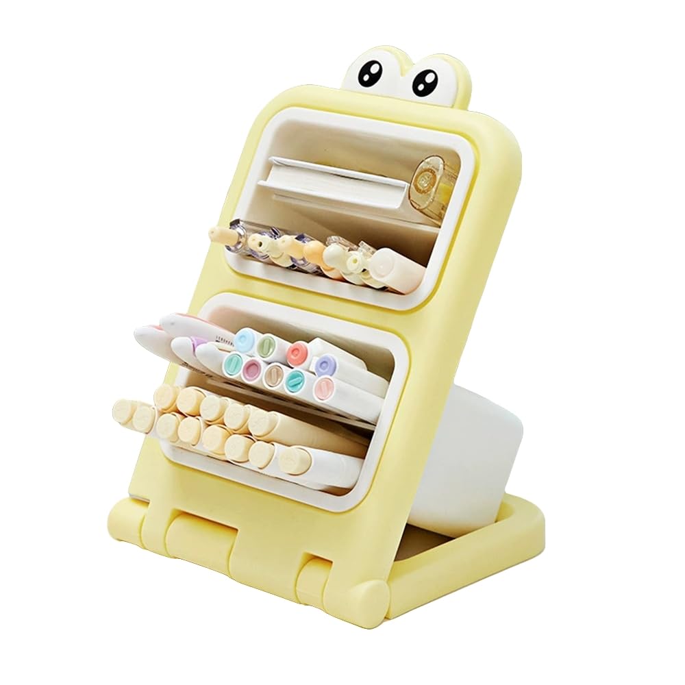Slanted Pen Holder Organizer with Detachable Design, 4 Compartments Plastic Stationery Organizer for Students, Space-Saving Desk Storage for School Home Office Art Supplies (Yellow)