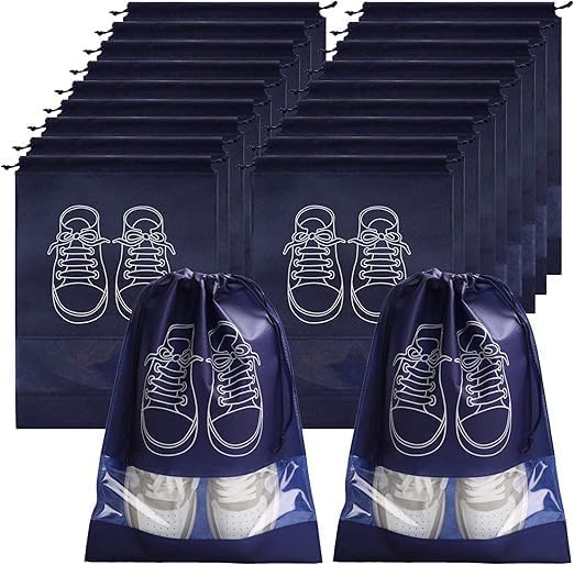 Pack of Large Travel Shoe Bags with Transparent Window – Dustproof, Drawstring Non-Woven Storage Bags for Men & Women, 5/10/20 Set, 44x32 cm (20 Blue)
