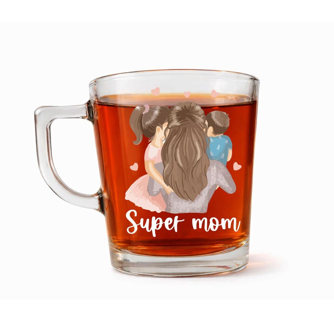 Mother’s Day Gift Glass Mug – 300ml Clear Tea Cup with Mother’s Day Artwork | Raised UV Waterproof Print | Thoughtful Gift for Mom (Super Mom)