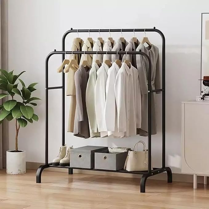 Clothes Rack with Double Rods 1.10M Metal Clothes Coat Rack Shoes Rack Clothes Rack Multipurpose Clothes Hanger Organizer (Black)