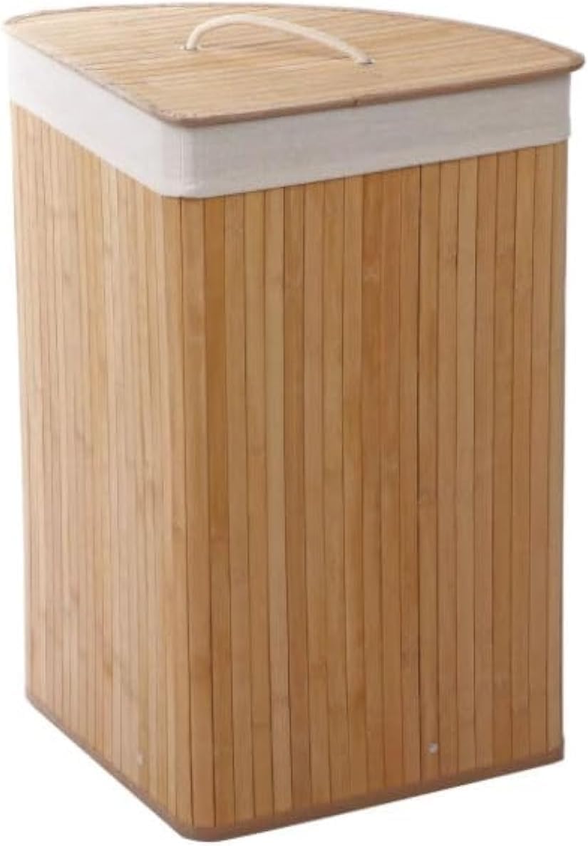 Happy Home Bamboo Laundry Basket,Corner Wooden Laundry Basket with Lid | Clothing Basket with Carrying Handle | Organize and Transport Clothes with Ease | Laundry Made Simple | Size (35 x 35 x 60 cm)