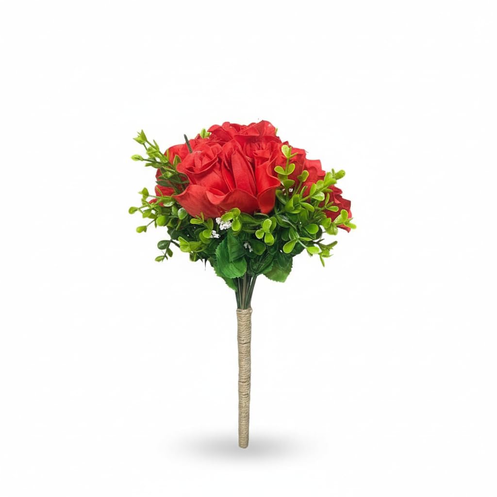 Artificial Rose Bouquet 15 Roses – Rose Bouquet for Home & Office Decor – Suitable for Vases, Dining & Events – Red with Green Leaves