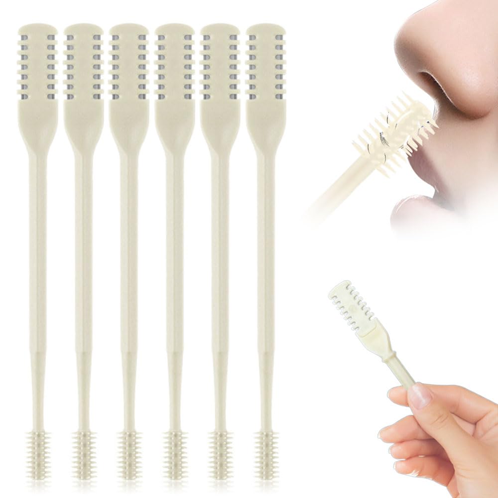 2 in 1 Nasal Hair Cutter, 2024 Upgraded Double Sided Nose Hair Knife, 360° Rotating Portable Manual Nose Hair Trimmer with Ear Picker, Nose Hair Remover Travel Essentials (Beige1, 6 Pcs)