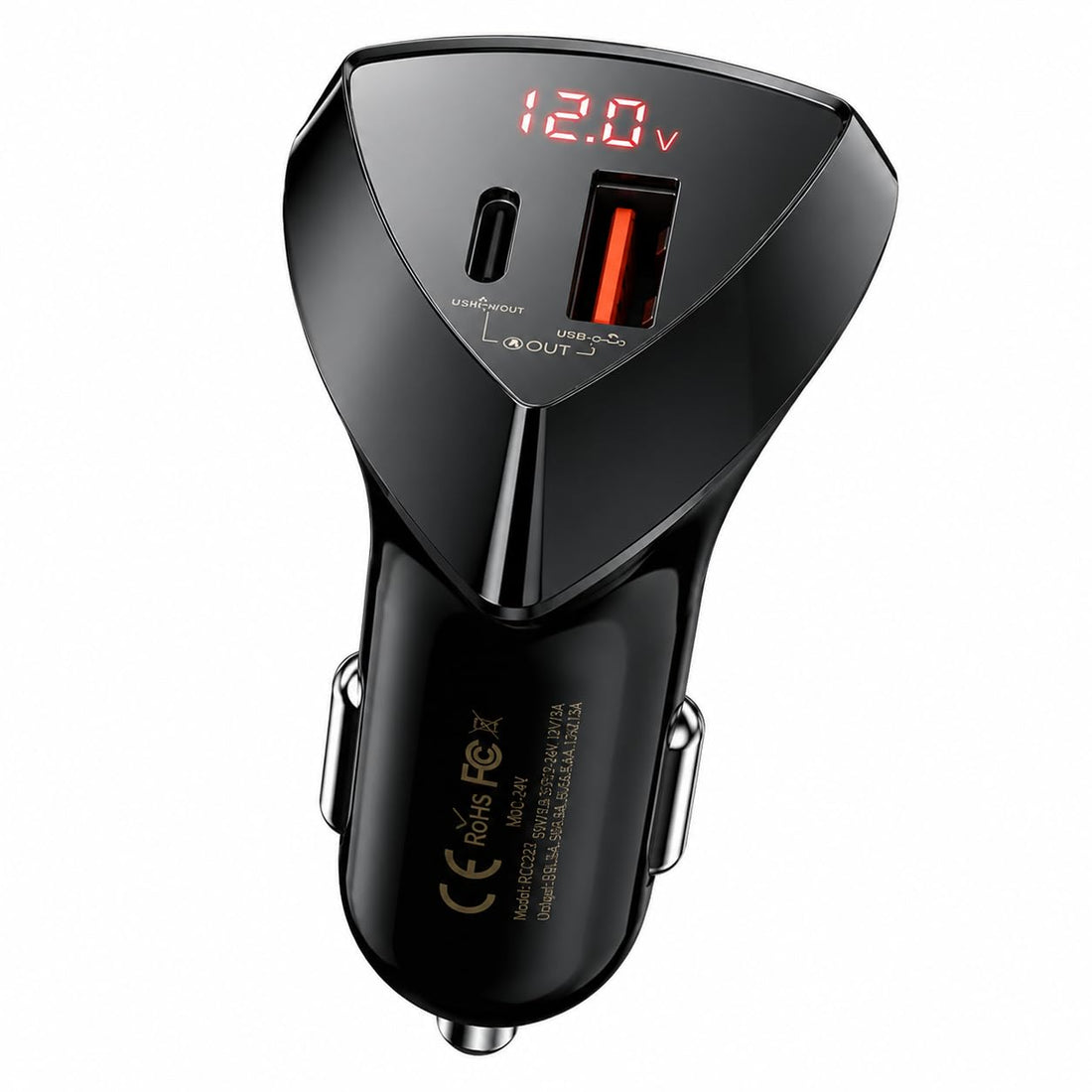 For REMAX RCC232 45W USB Type-C Car Charger – Double-Ended Super Fast Charging Cigarette Lighter Adapter with Digital Display & 5.5A Output