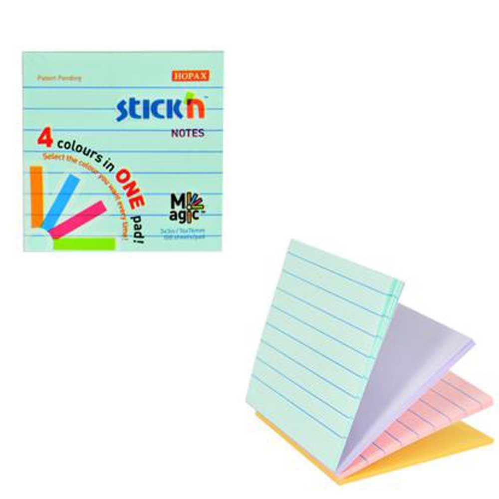 Hopax Stick'n 3x3'',Pastel Blue Line + Purple + Pink Line + Orange, 2 lined pads, 2 plain pad. 25 sheets/color, 100 sheets/pad