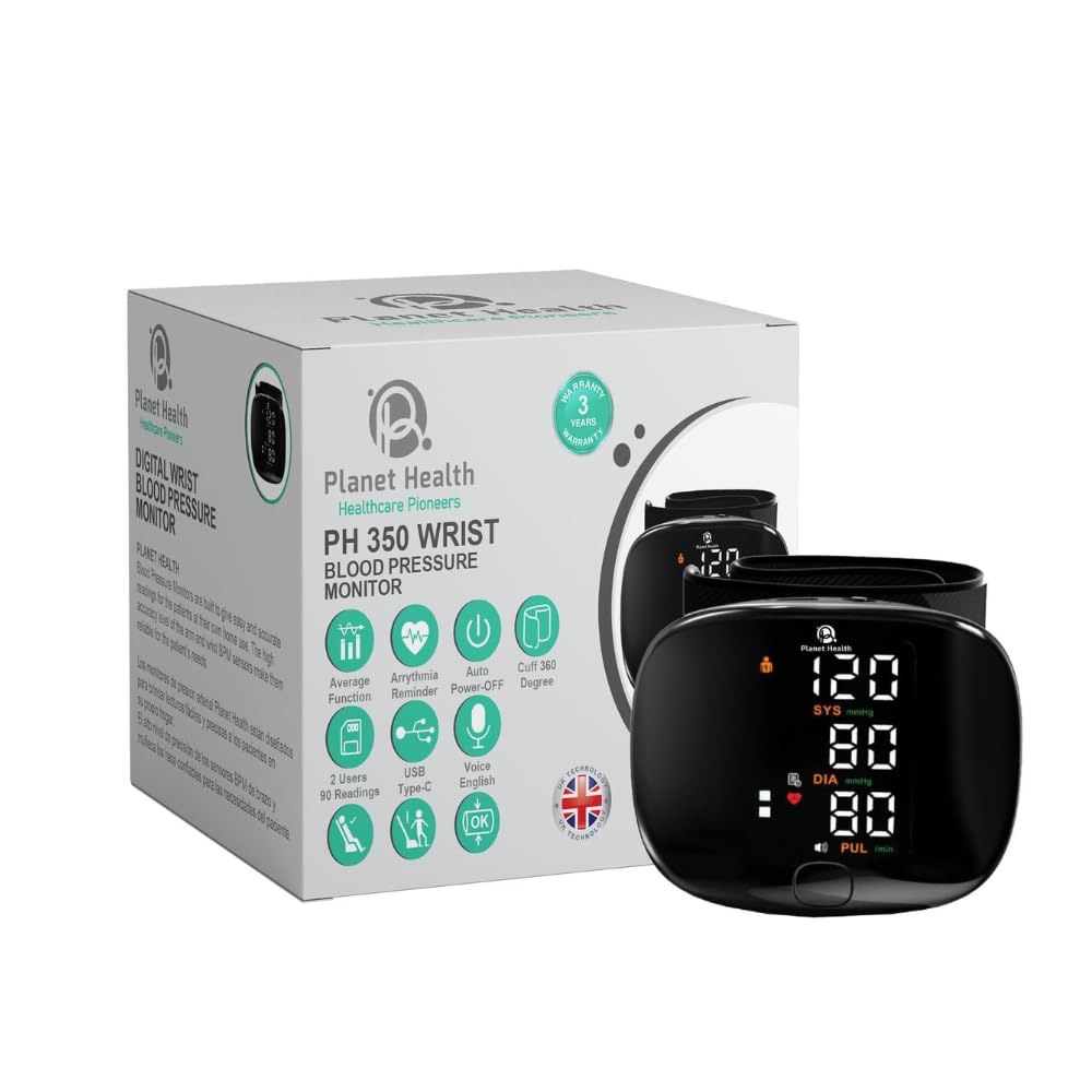 PH 350 Wrist Blood Pressure Monitor | USB Type-C | Arrhythmia Reminder | 2 Users 90 Readings | Average Function | Auto Power-Off | English Voice | UK Technology