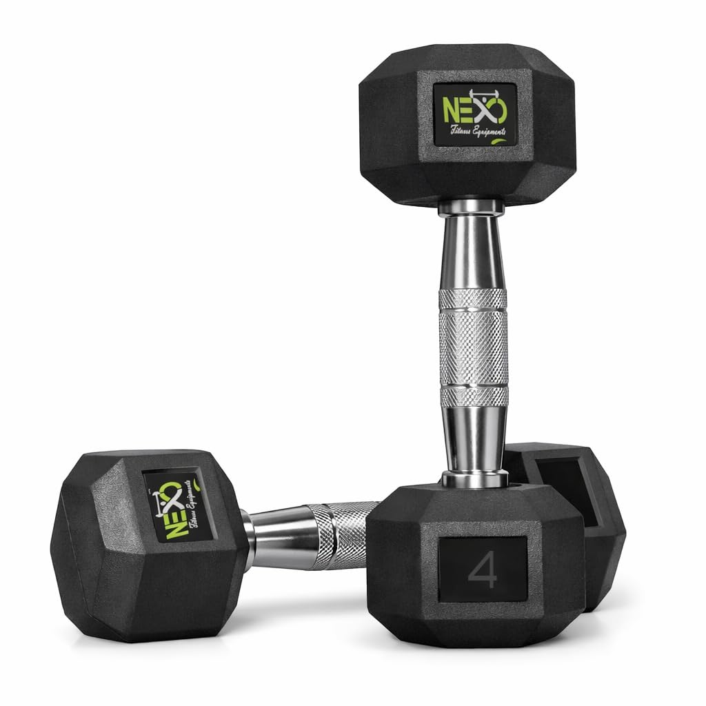 NEXO Rubber Coated Hex Dumbbells for Home Gym Exercise | Workout Dumbbells Weights for Men & Women| 4kg Hex dumbbells set of 2 (2kg x 2) | Color - Black