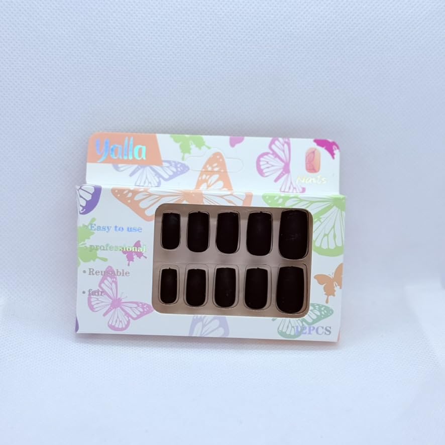 Press On Nails Medium Length Square Shape, 12 Matte Solid Colors, Simple Fake Nails for Daily Wear & College (Black)