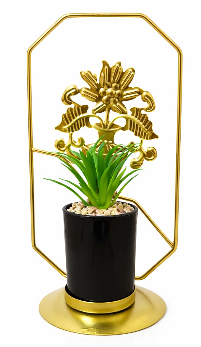 Artificial Plant Decor Gold Metal Frame Elegant Bird and Leaves with Black Pot with Premium Gold Base – Unique Modern Addition to Home Office Decor (Shape 2)
