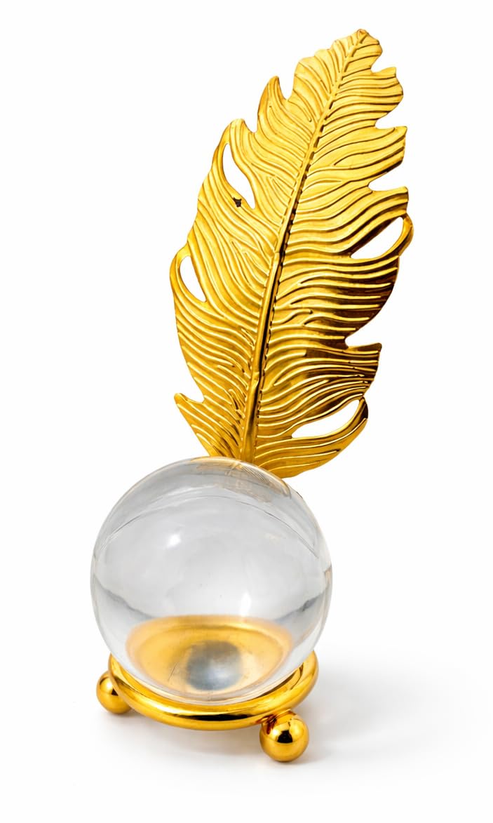 Luxury Gold Feather with Clear Glass Ball Masterpiece Modern Decor Accessories for Home Office Reception Chic Table Decor for Entryway Shelf Buffet