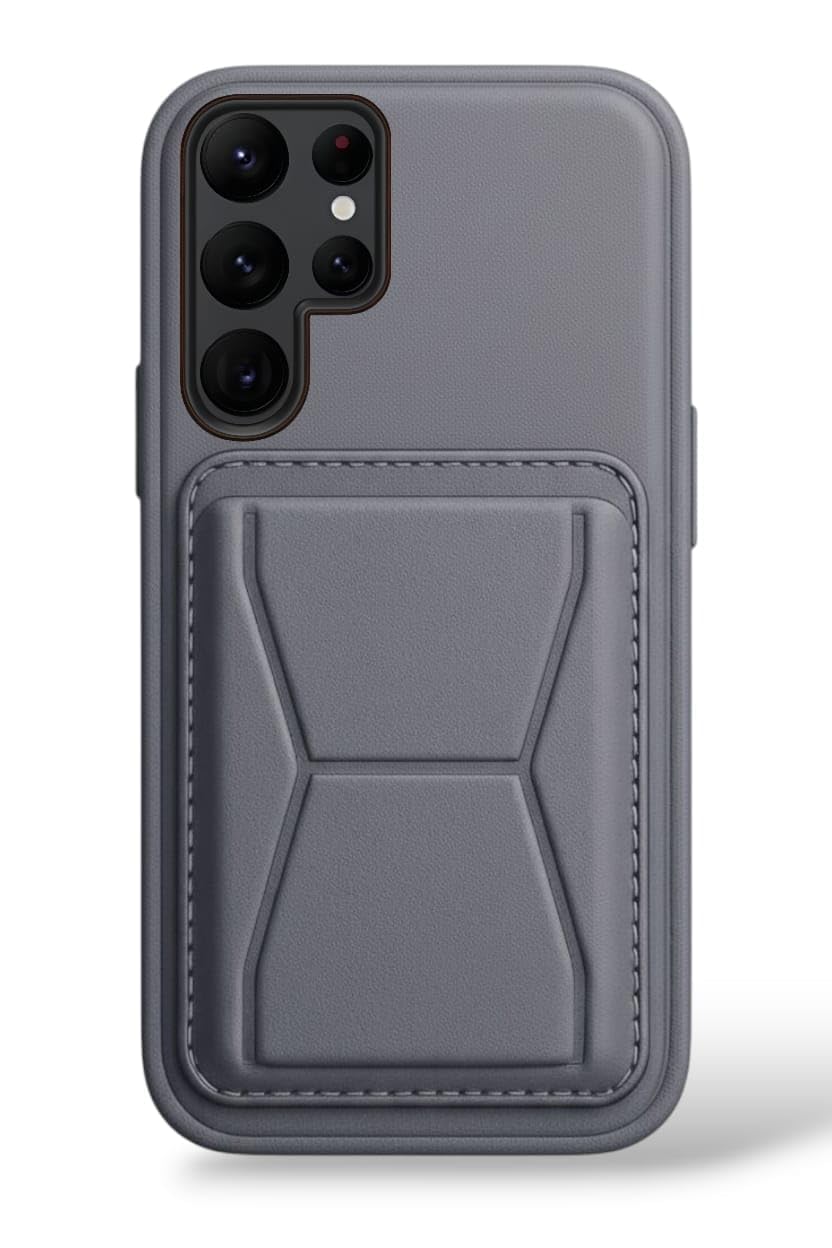 Leather Case Compatible for Samsung Galaxy S23 Ultra Shockproof Leather Back Card Storage & case built-in Stand PU leather for a stylish look, comfortable grip (Gray)