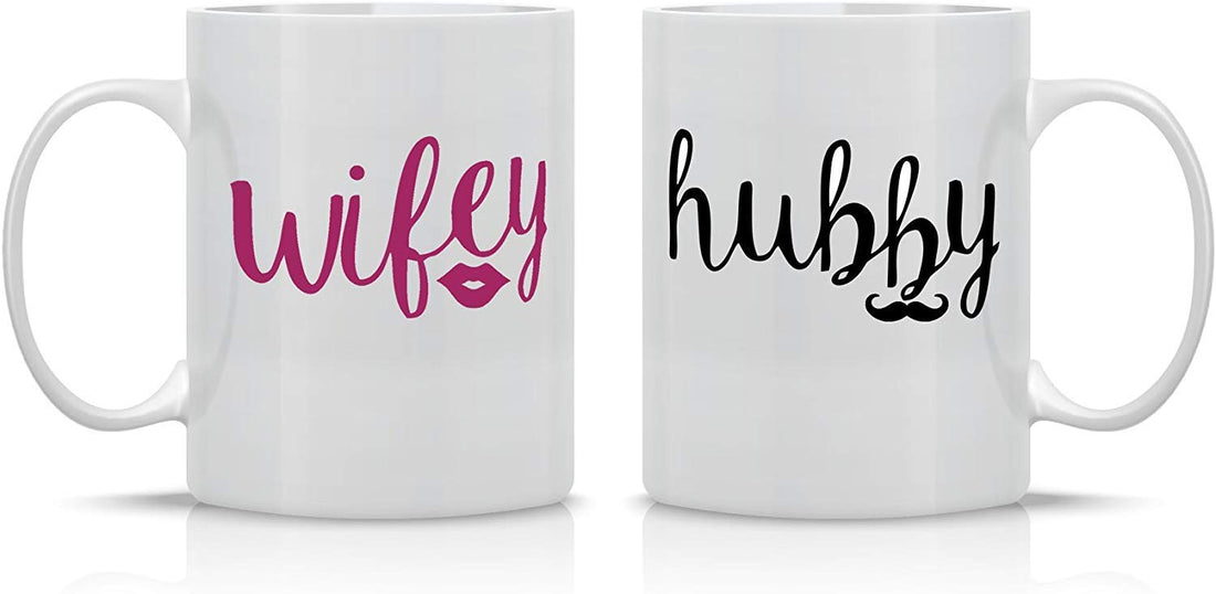 Wifey and Hubby Funny Couple Coffee Mugs Set Wedding Anniversary Valentine's Day Gifts for His Her presents Bridal Shower Vr Husband and Wife Newlywed Novelty Ceramic Cups 11 Ounce White 11Oz
