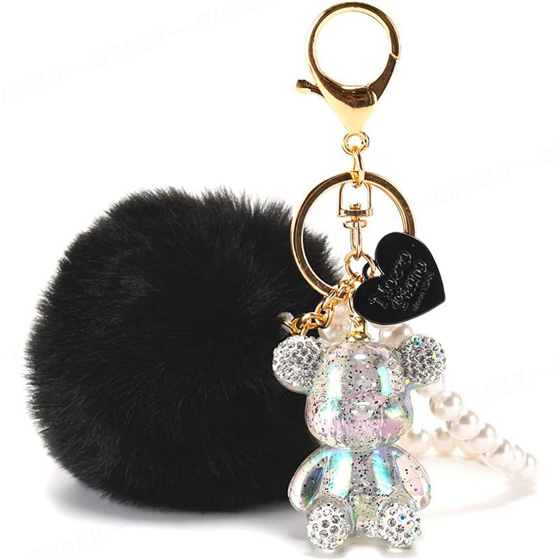 GQ Kawaii Bling Gummy Teddy Bear Keychain for Women - Sparkling Crystal Pom Pom with Pearl Wristlet, 2 Colors (Classic Black & Sweet Pink) Girly Backpack Accessory
