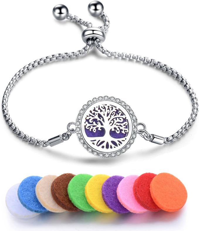 fashion mania Women's Essential Oil Diffuser Bracelet with 10 Refill Pads, Stainless Steel Tree of Life Perforated Aromatherapy Perfume Bracelet, Adjustable Jewellery Gifts (Tree of Life B)