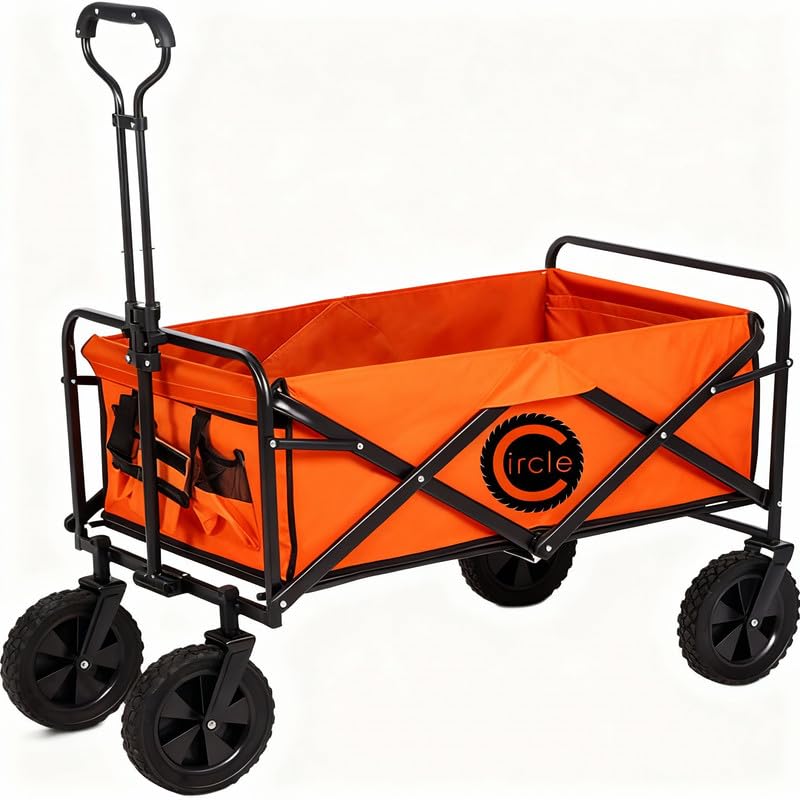Folding Wagon with 360 Wheels - Heavy Duty Collapsible Utility Cart, Waterproof Fabric Ideal for Beach, Camping, Shopping, Pets, 80kg Capacity - Orange