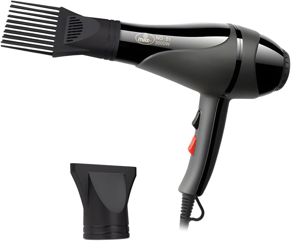 Hair Dryer 3000W, Professional Blow Dryer with Comb Nozzle, 2 Speed 3 Heat Settings, Low Noise, Detachable Air Concentrator, Overheat Protection, Max-51