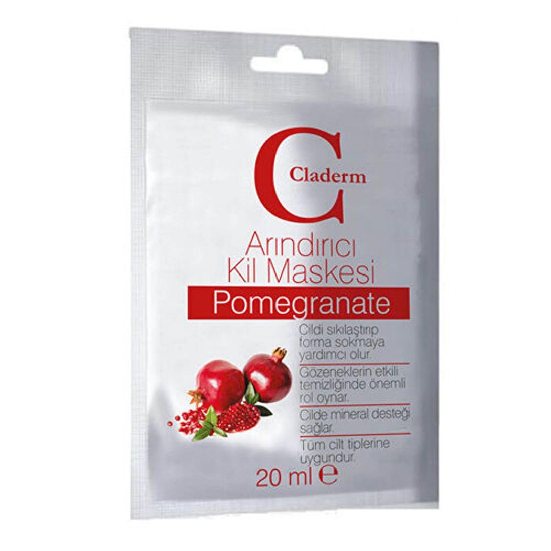 Claderm Pomegranate Clay Mask, 20ml, Purifying Face Mask for Blackheads and Wrinkles, Paraben-Free - Made in Turkey