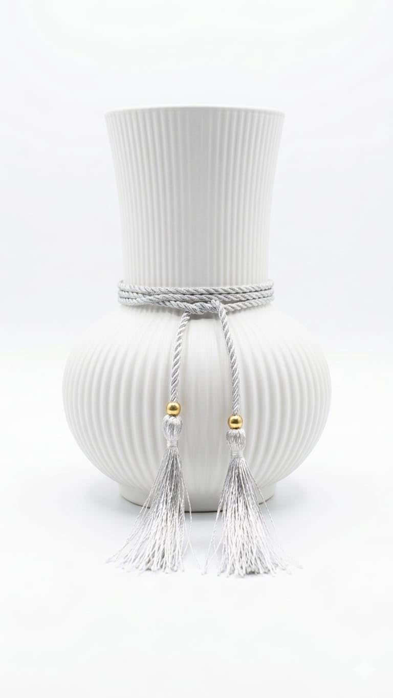 Volora Rib Vase with Rope and Gold Tassels, Elegant Modern Design for Floral Arrangements and Home Decor (White)