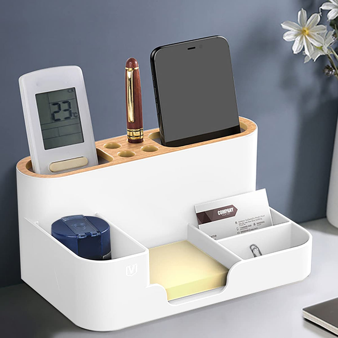 ALMEKAQUZ Stationery Storage Box For Office Desktop, Divided Organizer, Plastic Pen Container for Office Supplies,Stationery Stand Storage Box for Countertop and Bathroom Accessories Storage (White)