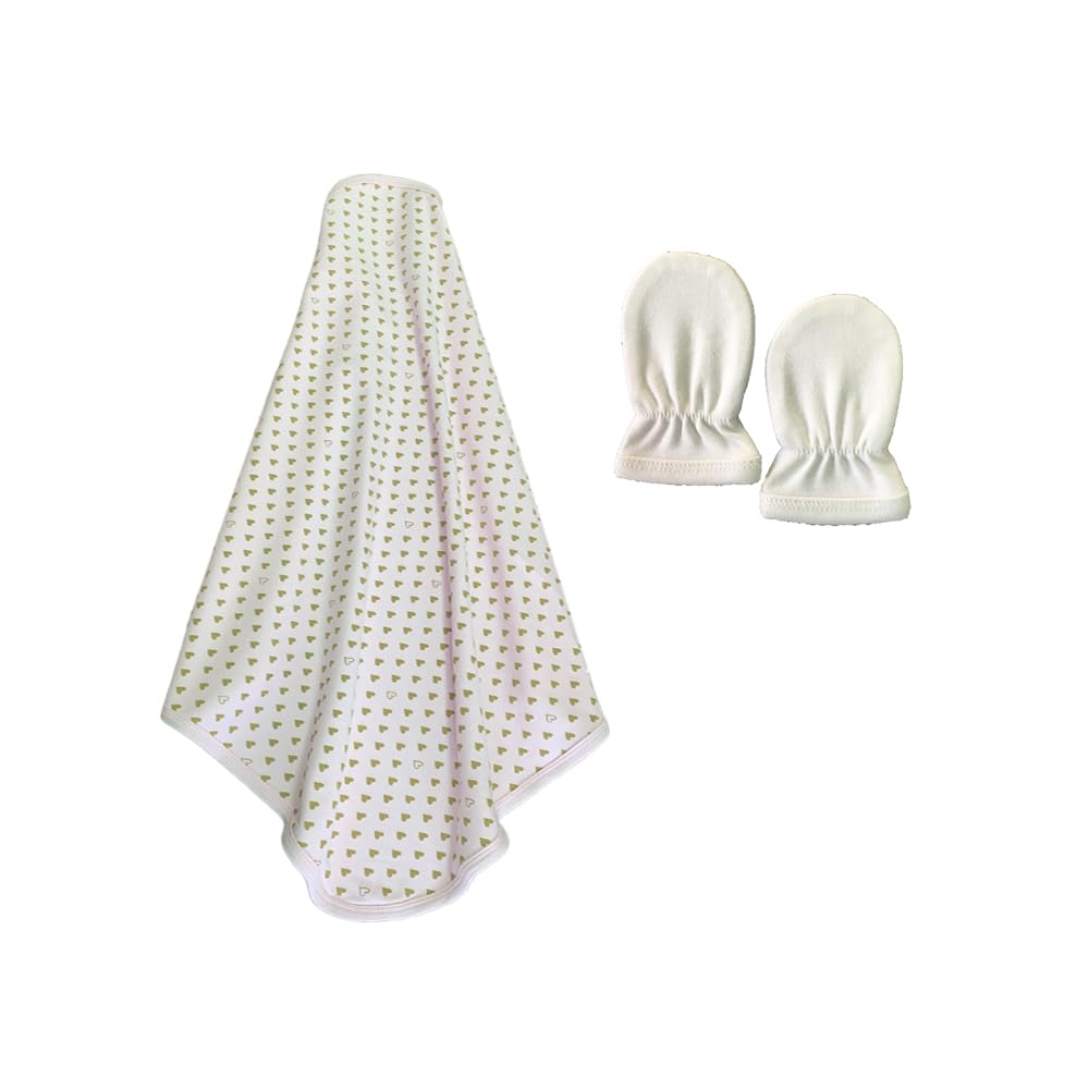 Baby Cotton Blanket Rose – Print Hearts Beige + Komkom Baby Mittens – White (Free Gift)