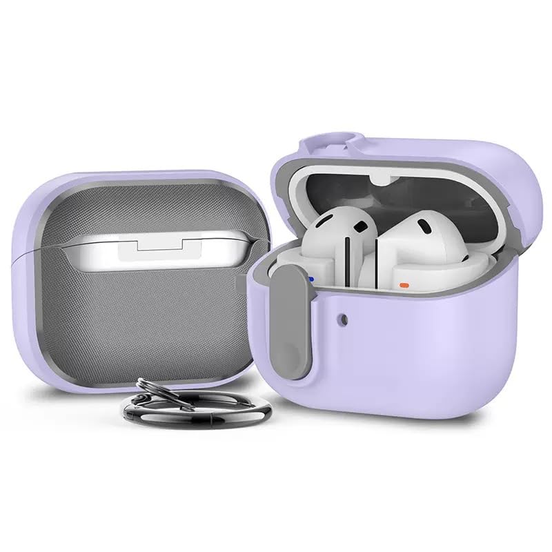 Bukela Modern Lock Case for Samsung Galaxy Buds 3 & Galaxy Buds 3 Pro Cover (2024), Full Body Shockproof Hard Shell Protection Design, with Secure Lock Clip & Ring Keychain (Light Purple)