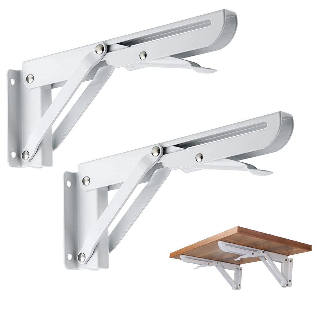HASTHIP® 8-inch Folding Shelf Bracket, 2 Pcs Heavy Duty Metal Triangle Table Bench Folding Shelf Bracket, Max Load 99lb, Sturdy Folding Shelf Brackets Wall Mounted Shelf, Wall Organizer (White)