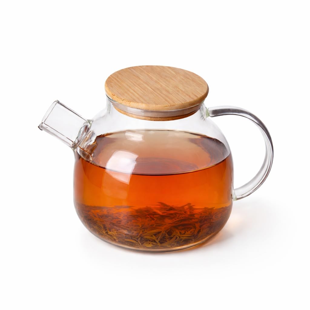 OVA Glass Teapot Stovetop Safe Borosilicate Tea Pot with Removable Filter & Bamboo Lid, Microwave Safe Tea Kettle for Loose Leaf, Blooming Tea & Green Tea Brewing