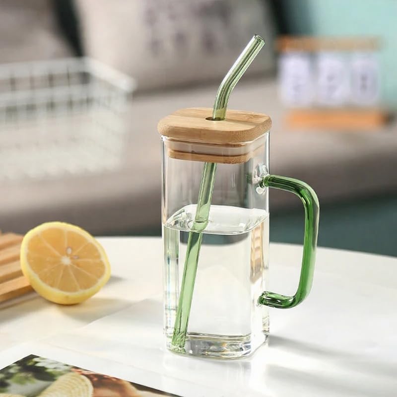 Next store Square Glass Beverage Cup with Handle and Straw, 400 ml, Stylish Bamboo Lid, Perfect for Juice, Water, Tea, Milk, High Quality Transparent Design (Green)