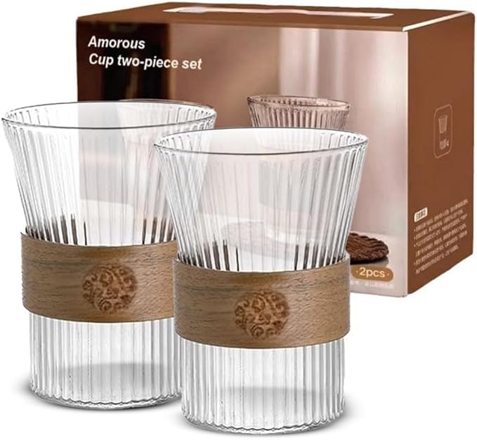 Coffee glass cup 350ml 2pcs set Glass Coffee Cup With Heat Insulation Wood Chips Juice Cup Milk Cup Mousse Mug Vertical Stripes for Water Tea Cup Drink (A-wood stripes)