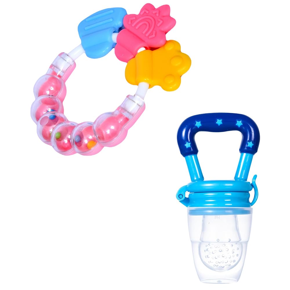 Rattle Nibbler & Star Nibbler Combo | BPA-Free Silicone Teething Nibblers | Safe & Fun Teething Relief | Ideal for 0-12 Months (Pink & Blue)