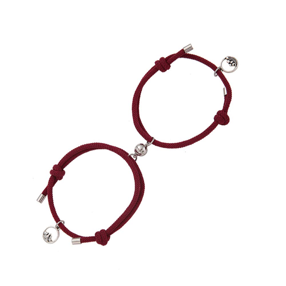 Raintoad Couple Bracelets Magnetic Charm Pendants Braided Rope Bracelet with Magnetic Bells Vows of Eternal Love Charms 2 PCS for Women Men (Style B-Wine Red), 10 inch, Copper
