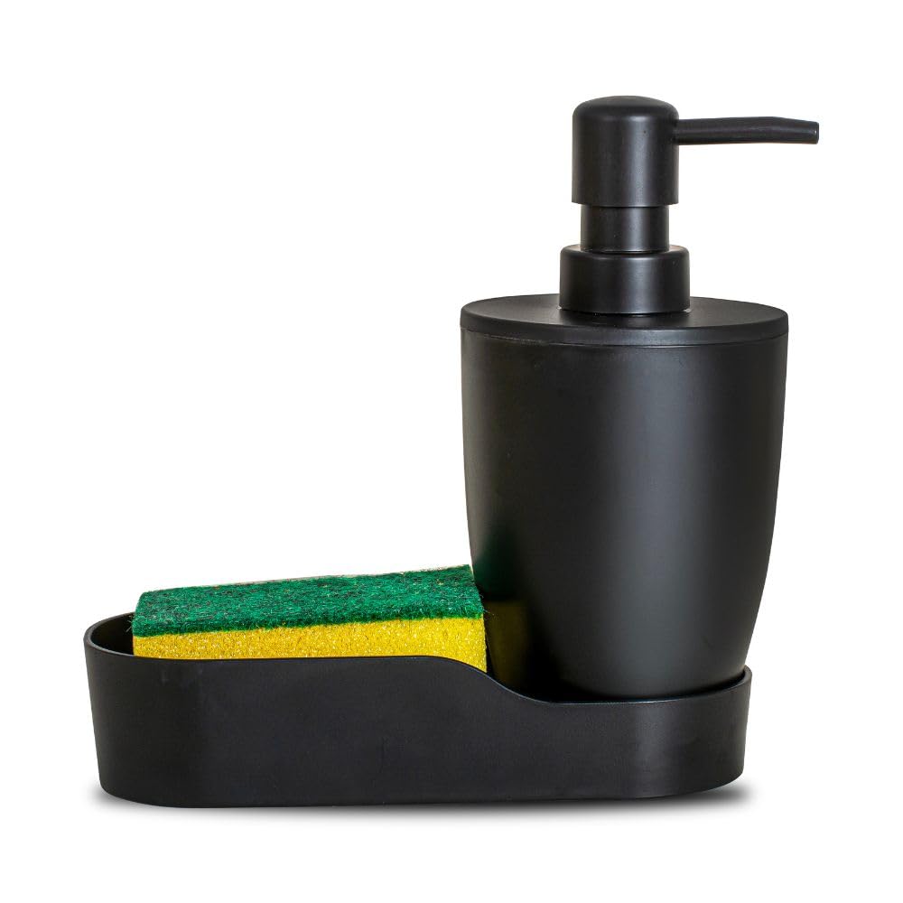 Pure Plastic Soap Dispenser With Stand & Storage Container in Side, Push-Top Pump Dispenser Can Store Soap & Liquid, (Black)