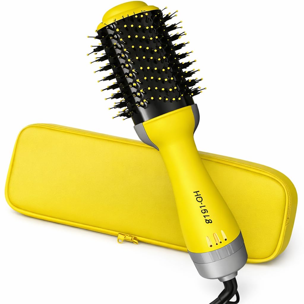 Hair Dryer Brush Hot Air Comb 2500W, One Step Dryer Volumizer, Ceramic Coating, 3 Heat Settings, Smooth Styling Tool for All Hair Types, Yellow HG-1918