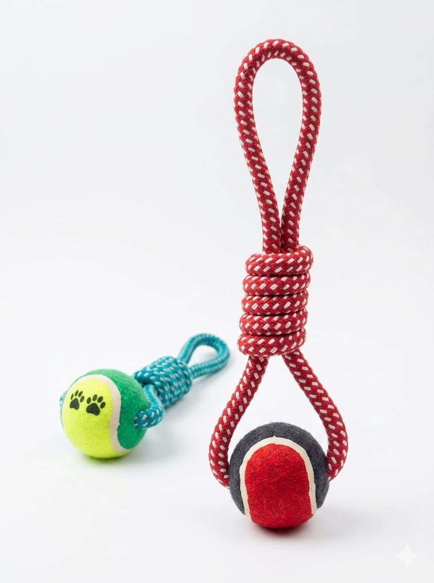 Ultra-Durable Braided Dog Tug Rope with Integrated Tennis Ball - Pet Chew Toy For Teeth Cleaning and Interactive Play For All Dogs Breed (Red)